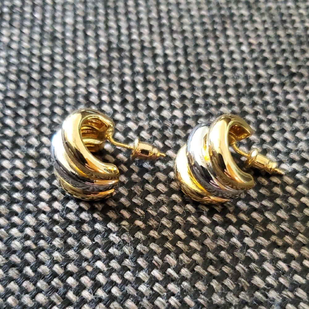 Two Tone Triple Hoop Earrings Gold Silver Mixed Metal Chunky J-Hoops Post Back